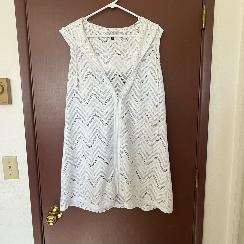 Swim Hooded Zip Down White Crochet Hooded Cover-Up